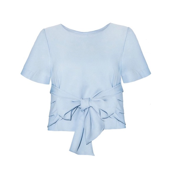 Tie Front Short Sleeve Cropped Blouse Baby Blue - Picture 5 of 9